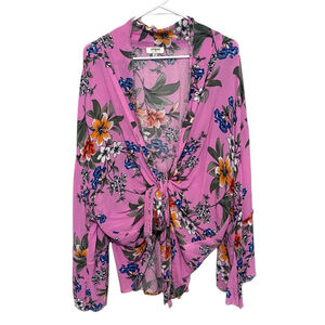 UMGEE Floral Kimono Cardigan Womens S/M Pink Tie Front Romantic Whimsy Boho